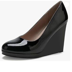 miss left Women Rounded Closed Toe High Heel Pumps Slip On Wedges Heeled Shoes